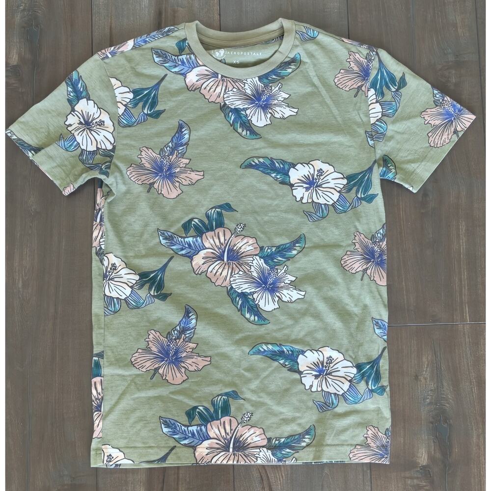 Aeropostale Floral Hawaiian T-Shirt XS Green Pink Blue Tropical Short Sleeve Tee